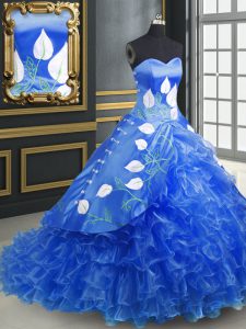 Blue Sleeveless Embroidery and Ruffles Lace Up 15 Quinceanera Dress