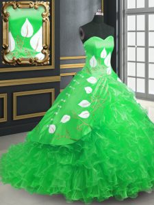Sweet Green Sleeveless Organza Brush Train Lace Up Sweet 16 Dress for Military Ball and Sweet 16 and Quinceanera