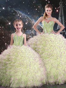 Sumptuous Organza Sweetheart Sleeveless Lace Up Beading and Ruffles Quince Ball Gowns in Yellow Green