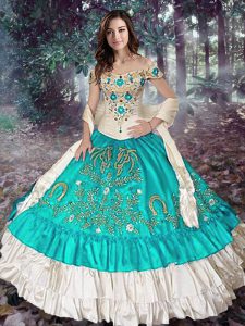 Ball Gowns Quinceanera Gown Blue And White Off The Shoulder Elastic Woven Satin Sleeveless Floor Length Lace Up