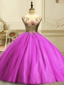 Sleeveless Tulle Floor Length Lace Up 15th Birthday Dress in Fuchsia with Appliques and Sequins