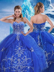 Designer Blue Ball Gowns Tulle Sweetheart Sleeveless Beading and Appliques Floor Length Lace Up Quinceanera Gowns