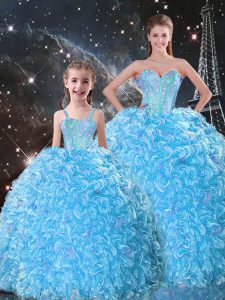 Baby Blue Organza Lace Up Quinceanera Dresses Sleeveless Floor Length Beading and Ruffles