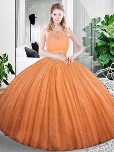 Top Selling Sleeveless Organza Floor Length Zipper Vestidos de Quinceanera in Orange with Lace and Ruching