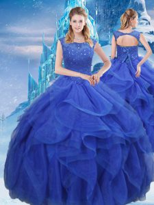 Dynamic Royal Blue Ball Gowns Ruffles and Sequins Quinceanera Dresses Lace Up Organza Sleeveless Floor Length