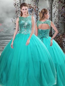 Stylish Floor Length Ball Gowns Sleeveless Turquoise 15 Quinceanera Dress Lace Up