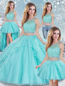 Tulle Scoop Sleeveless Clasp Handle Lace and Sequins Ball Gown Prom Dress in Aqua Blue
