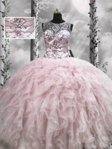 Latest Pink Sleeveless Floor Length Beading and Ruffles Zipper Sweet 16 Dresses