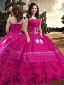 Hot Pink Sleeveless Embroidery and Ruffled Layers Floor Length 15th Birthday Dress