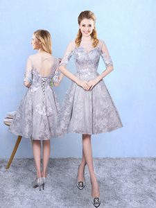 Grey Lace Up Quinceanera Court Dresses Appliques Half Sleeves Knee Length