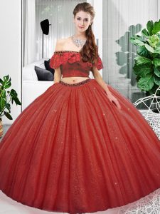 Designer Floor Length Two Pieces Sleeveless Coral Red 15 Quinceanera Dress Lace Up