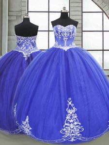 Blue Tulle Lace Up Quinceanera Dresses Sleeveless Floor Length Appliques