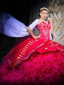 Suitable Hot Pink Sweet 16 Dresses For with Embroidery and Ruffles Sweetheart Sleeveless Brush Train Lace Up