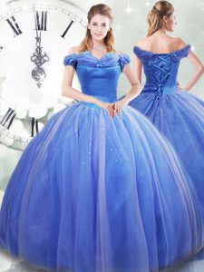Light Blue Tulle Lace Up Quinceanera Gown Sleeveless Brush Train Pick Ups