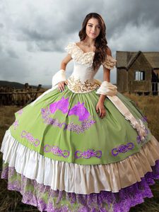 Multi-color Off The Shoulder Lace Up Embroidery and Ruffled Layers Vestidos de Quinceanera Brush Train Sleeveless