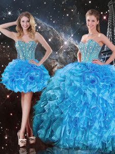 Baby Blue Lace Up Sweet 16 Quinceanera Dress Beading and Ruffles Sleeveless Floor Length