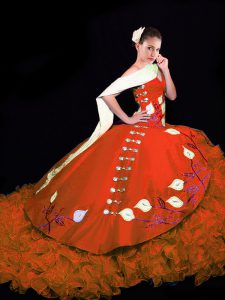 Fitting Sleeveless Embroidery and Ruffles Lace Up Vestidos de Quinceanera with Rust Red Brush Train