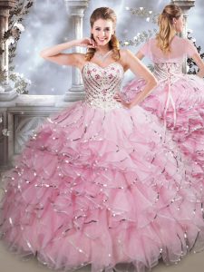Lovely Baby Pink Sweetheart Neckline Beading and Ruffles Sweet 16 Dresses Sleeveless Lace Up