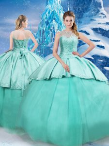 Turquoise Quinceanera Dresses Military Ball and Sweet 16 and Quinceanera with Beading and Ruching Scoop Sleeveless Brush Train Lace Up
