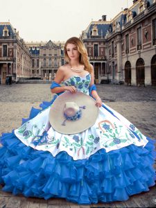 Enchanting Sweetheart Sleeveless Quinceanera Gowns Floor Length Embroidery and Ruffled Layers Blue And White Organza and Taffeta