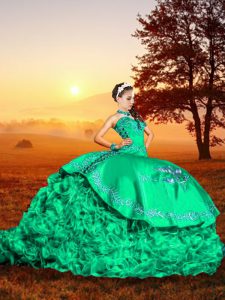 Classical Brush Train Ball Gowns Sweet 16 Dress Turquoise Sweetheart Organza Sleeveless Lace Up