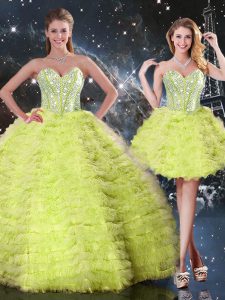 Stunning Yellow Green Sleeveless Floor Length Beading and Ruffles Lace Up Quinceanera Dresses