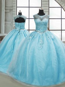 Tulle Scoop Sleeveless Brush Train Lace Up Beading Sweet 16 Dresses in Aqua Blue