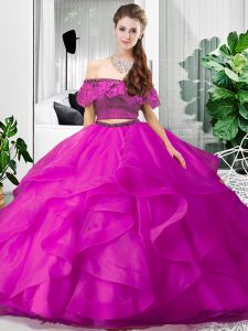 Off The Shoulder Sleeveless Quinceanera Gown Floor Length Lace and Ruffles Fuchsia Tulle
