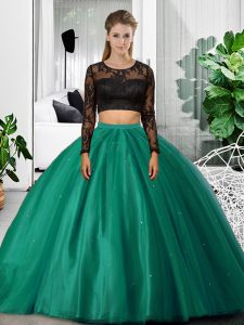 Dark Green Long Sleeves Lace and Ruching Floor Length Quinceanera Dress