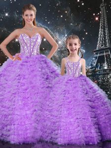 Lovely Sleeveless Tulle Floor Length Lace Up Quinceanera Gowns in Lavender with Beading and Ruffles