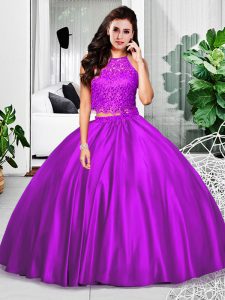 Floor Length Eggplant Purple Quinceanera Gown Taffeta Sleeveless Lace and Ruching