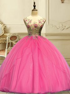 Artistic Rose Pink Scoop Neckline Appliques Quinceanera Gown Sleeveless Lace Up