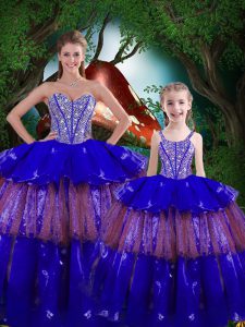 Royal Blue Ball Gowns Sweetheart Sleeveless Organza Floor Length Lace Up Beading and Ruffled Layers 15th Birthday Dress