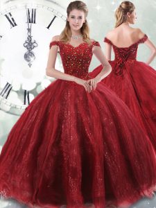 Wine Red Ball Gowns Tulle Off The Shoulder Sleeveless Beading Lace Up Sweet 16 Dress Brush Train