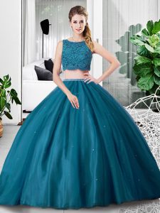 Lace and Ruching 15th Birthday Dress Teal Zipper Sleeveless Floor Length