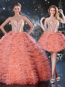 Comfortable Organza Sweetheart Sleeveless Lace Up Beading and Ruffled Layers Quinceanera Gown in Watermelon Red