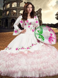 Flare White Lace Up Square Embroidery and Ruffled Layers 15 Quinceanera Dress Organza Long Sleeves
