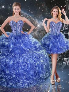 Excellent Blue Sleeveless Floor Length Beading and Ruffles Lace Up Sweet 16 Dress