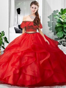 Sophisticated Sleeveless Floor Length Lace and Ruffles Lace Up Quinceanera Gown with Red