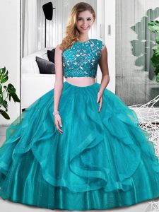 Great Teal Sleeveless Lace and Embroidery and Ruffles Floor Length Quince Ball Gowns