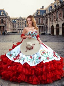 Eye-catching White And Red Sleeveless Embroidery and Ruffled Layers Floor Length Quinceanera Gown
