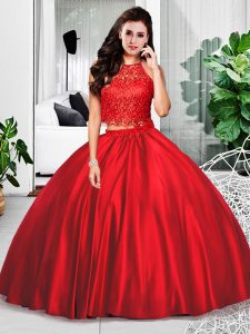 Dazzling Wine Red Two Pieces Taffeta Halter Top Sleeveless Lace and Ruching Floor Length Zipper Ball Gown Prom Dress