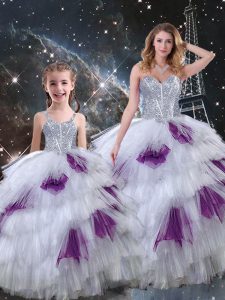 Sophisticated Multi-color Ball Gown Prom Dress Military Ball and Sweet 16 and Quinceanera with Beading and Ruffled Layers Sweetheart Sleeveless Lace Up