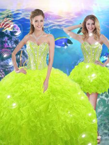 Yellow Green Sweetheart Lace Up Beading and Ruffles Ball Gown Prom Dress Sleeveless