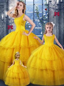 Superior Gold Lace Up Straps Ruffled Layers Sweet 16 Quinceanera Dress Organza Sleeveless