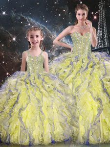 Classical Floor Length Lace Up 15th Birthday Dress Yellow for Military Ball and Sweet 16 and Quinceanera with Beading and Ruffles