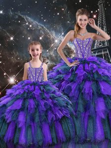 Comfortable Floor Length Lace Up Sweet 16 Dress Multi-color for Military Ball and Sweet 16 and Quinceanera with Beading and Ruffles and Ruffled Layers