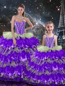 Delicate Sweetheart Sleeveless Organza 15th Birthday Dress Beading and Ruffles Lace Up