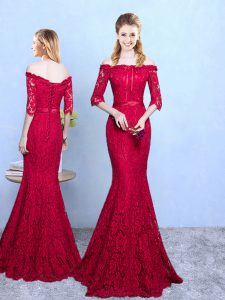 Luxurious Lace Quinceanera Court Dresses Wine Red Lace Up Half Sleeves Floor Length