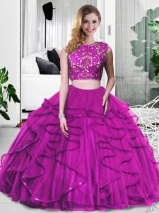 Wonderful Scoop Sleeveless Sweet 16 Dresses Floor Length Lace and Ruffles Fuchsia Tulle